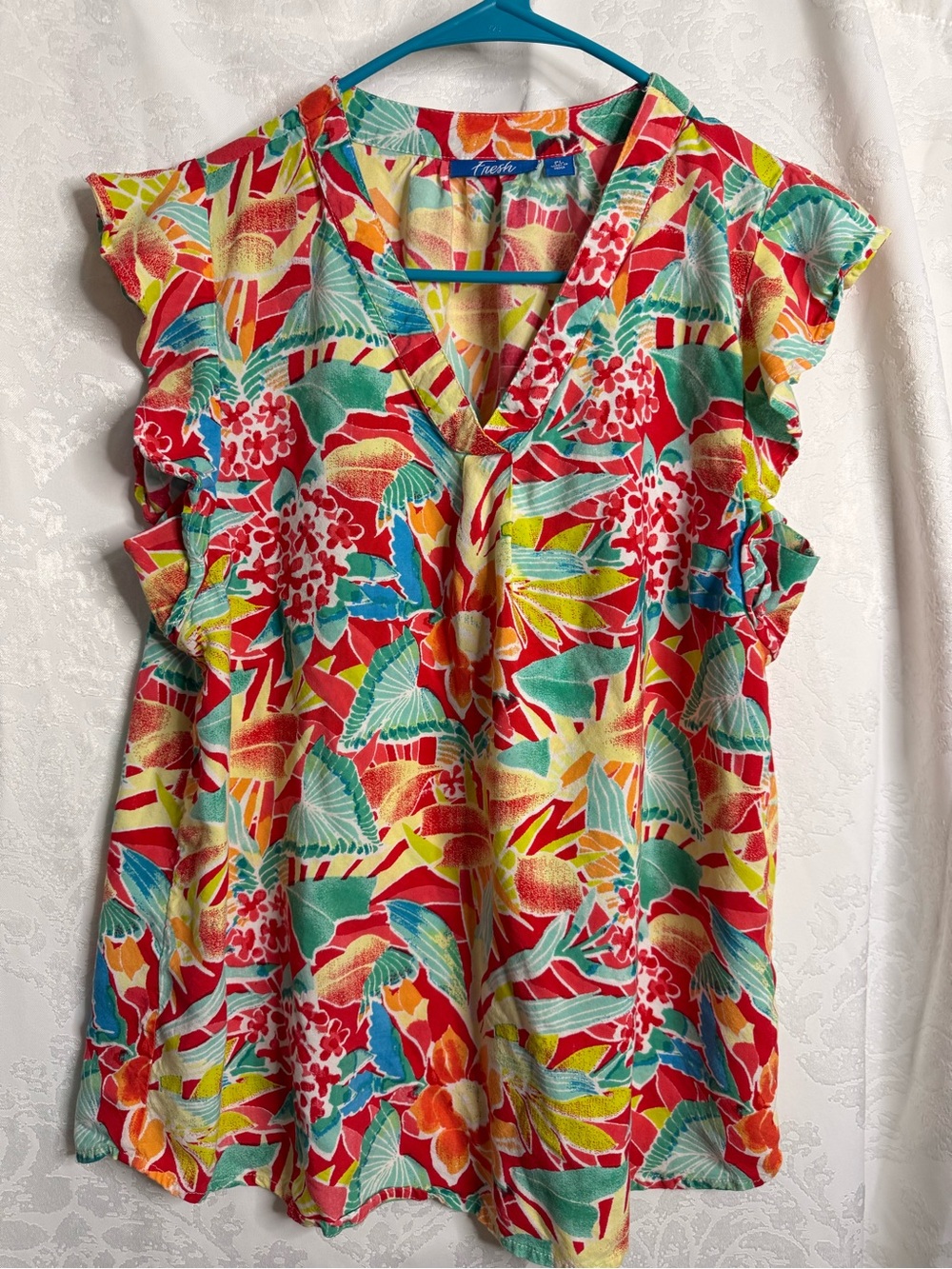 fresh Tropical Floral V-Neck Sleeveless Tunic - Red, Green, Yellow, Blue